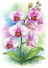 Watercolor illustration of a delicate orchid plant. Pink and white blossoms adorn a slender stem. Vibrant leaves and a colorful backdrop