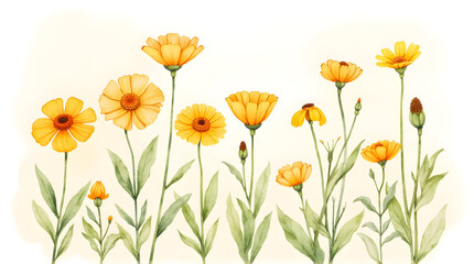 Fototapeta premium Yellow Flower Watercolor Illustration with Green Leaves