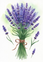 Fototapeta premium Watercolor illustration of a lavender bouquet tied with a ribbon, featuring delicate purple blooms and green stems