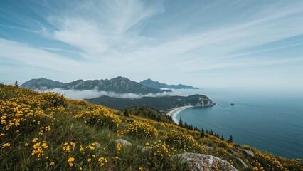 Upright perspective of a slope blanketed in yellow blossoms by the shore, with mist and a peak far away