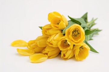Fototapeta premium Bright yellow tulips arranged in a bouquet against a white backdrop