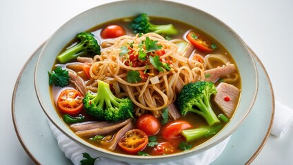Flavorful vegetable-based soup complemented by stir-fried noodles and diverse seasonings