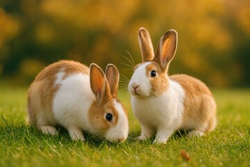Fototapeta premium Light and dark-colored rabbits wandering through a lush meadow