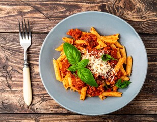 Overhead Styled Penne Pasta Bolognese with Basil on Rustic Table