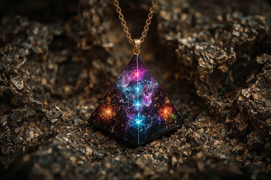 Colorful orgonite pyramid necklace with a detailed backdrop and chakra energy elements
