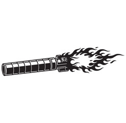 Black and white illustration of a futuristic weapon firing flames graphic design element