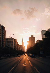 Obraz premium A dramatic and atmospheric low-angle view of a city street at sunset, with golden light bursting between skyscraper silhouettes for a powerful urban scene. 
