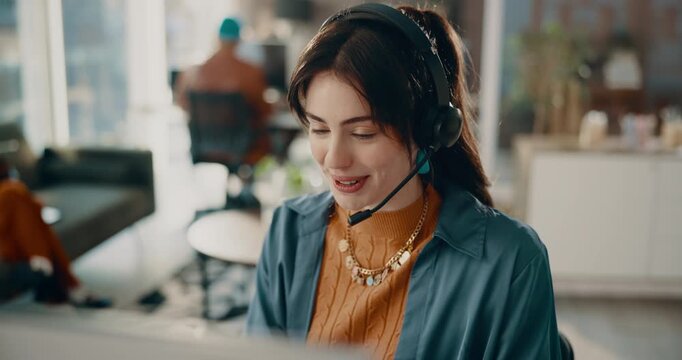 Business, call center and woman with smile, discussion and help desk with communication. Person, employee and consultant with headset, contact us and customer service with tech support and feedback