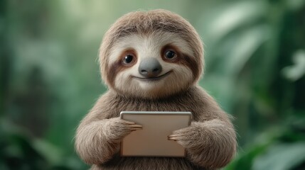 Fototapeta premium Cute sloth with a joyful expression holding a tablet in a vibrant green rainforest background with blurred leaves and soft natural light creating a warm atmosphere
