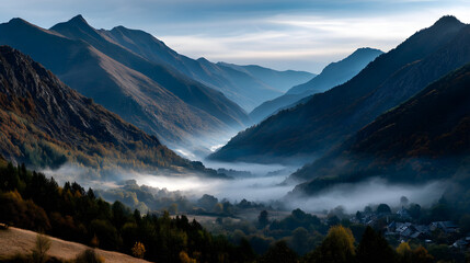A stunning autumn view of the mountains bathed in goden light, with morning fo slowly dispersing over th valley.