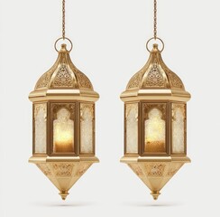 Obraz premium Two golden hanging lanterns, intricate details, ornate design, suspended by chains, against a plain background