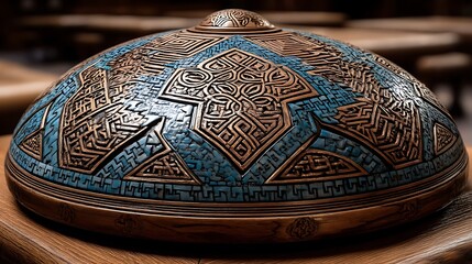 the image showcases a decorative container sitting on a table. it has a rounded dome shape with a small knob on top