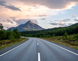 Naklejka premium Scenic mountain road winding through a vibrant forest at sunset, inviting travel and adventure into a serene landscape. Perfect for journeys.