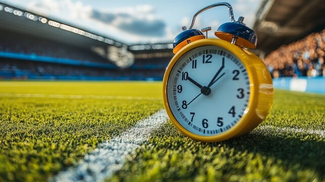 Yellow alarm clock rests on the grass, symbolizing anticipation before a thrilling soccer match at sunset