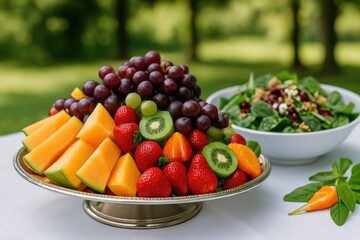 Naklejka premium Special Occasion Food Service: Fruit Display and Green Salad with Cranberries and Walnuts
