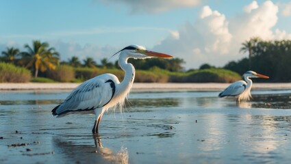 Elegant herons are commonly seen in wetland areas and shoreline environments, gliding through the air and taking breaks.