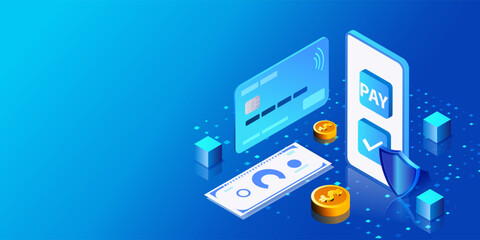 Concept of electronic payment, online banking. Online payment protection system concept with smartphone and credit card. Security bank transaction via credit card. Isometric financial vector.