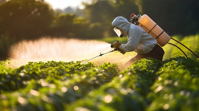 Farmers spraying crops in green farm field with chemical sprayers for pest control and plant growth in modern agriculture