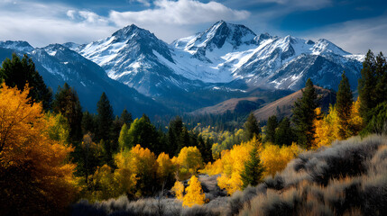 Obraz premium A stunning autumn view with golden trees and snow-caped mountains rising in th distance.