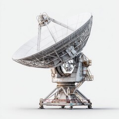 Large, white radio telescope against white background