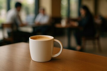 A hot coffee served in a white cup on a busy cafÃ© table