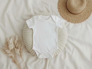 Blank baby onesie, bodysuit mockup, pregnancy announcement background, baby onesie flat-lay with pampas and hat.