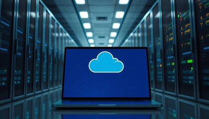 Laptop displaying cloud icon in modern data center server room,  network,  cloud