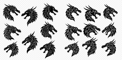 Collection of stylized dragon heads, various angles, ornate detailing, black silhouettes.