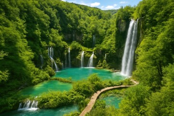 Fototapeta premium Stunning waterfalls and tranquil lakes in a European landscape