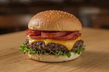 Burger topped with melted cheese and pepperoni slices