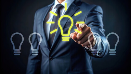 A businessman in a formal suit pointing at a glowing light bulb icon among dim ones, symbolizing innovation, idea generation, leadership, and creativity in business technology concept.