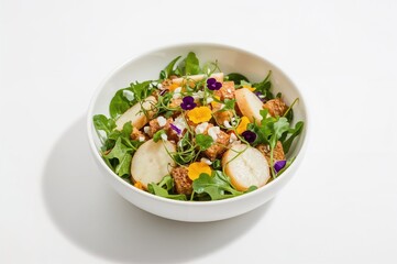 Ceramic bowl filled with sliced palmetto heart salad on white backdrop, keto-friendly dish