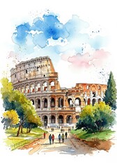 Watercolor painting of a Colosseum-like structure with trees and figures, with a sky with clouds in the background