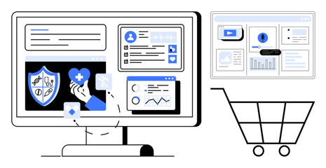 Computer screen showcasing healthcare icons, medical analytics, user profile, and shopping cart representing e-health services. Ideal for telemedicine, data management, technology, healthcare