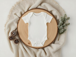 Baby bodysuit mockup, pregnancy announcement background,  baby onesie flat-lay with pinecones.