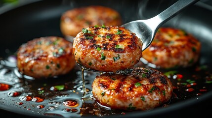 Succulent meat patties sizzle in hot oil, creating a mouthwatering aroma in a cozy kitchen atmosphere