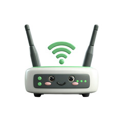 Cartoon Wifi Router with Cute Smiling Face Green Accents on Transparent Background
