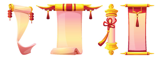 Ancient Chinese scroll set - red golden royal paper rolls with knots, tassels and traditional ornamental patterns. Isolated blank parchment sheets curled at edges, old manuscript banners or posters.