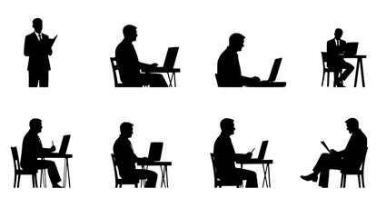 Silhouette of business people in various working poses. Reflecting productivity, determination, and the dynamics of a modern workspace. vector illustration