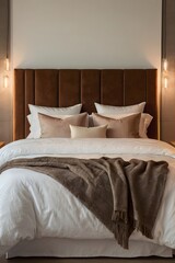 Obraz premium Modern bedroom lighting responds to voice command in warm tone space with clean white bedding and minimal design
