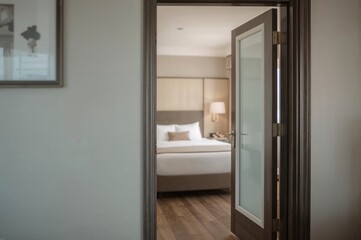 A partially opened door reveals a blurry upscale bedroom inside a hotel room