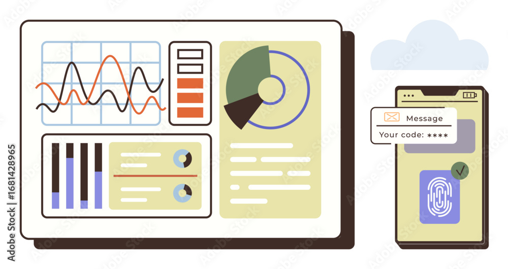 Wall mural dashboard displaying graphs, charts, and data insights paired with smartphone biometric scanning and
