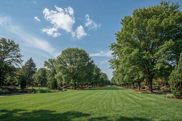 A park's green lawn beneath the open sky