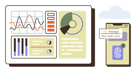 Dashboard displaying graphs, charts, and data insights paired with smartphone biometric scanning and code verification. Ideal for cybersecurity, analytics, authentication, technology, business, data