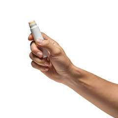 Close Up of a Hand Gripping White Lip Balm Tube Cosmetic Product on Transparent Background Beauty and Care Still Life