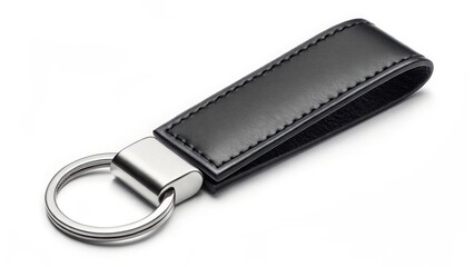 Stylish black leather keyring with silver metal hardware and textured pattern detail