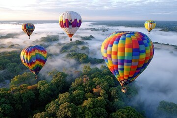 Naklejka premium Hot Air Balloons Soar over Misty Forest at Sunrise