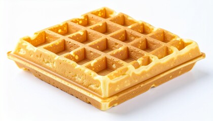 Golden waffle with square texture crispy surface fluffy inside appetizing breakfast pastry and sweet food detail isolated on white background
