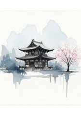 Fototapeta premium Watercolor painting of an Asian-style temple beside a flowering tree, reflected in water, with misty mountain backdrop