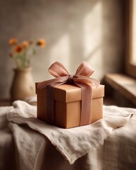 Small kraft gift box with fabric ribbon on soft linen tablecloth near window.